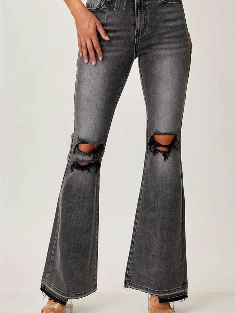 Risen Washed Black Distressed Boot Cut Jeans